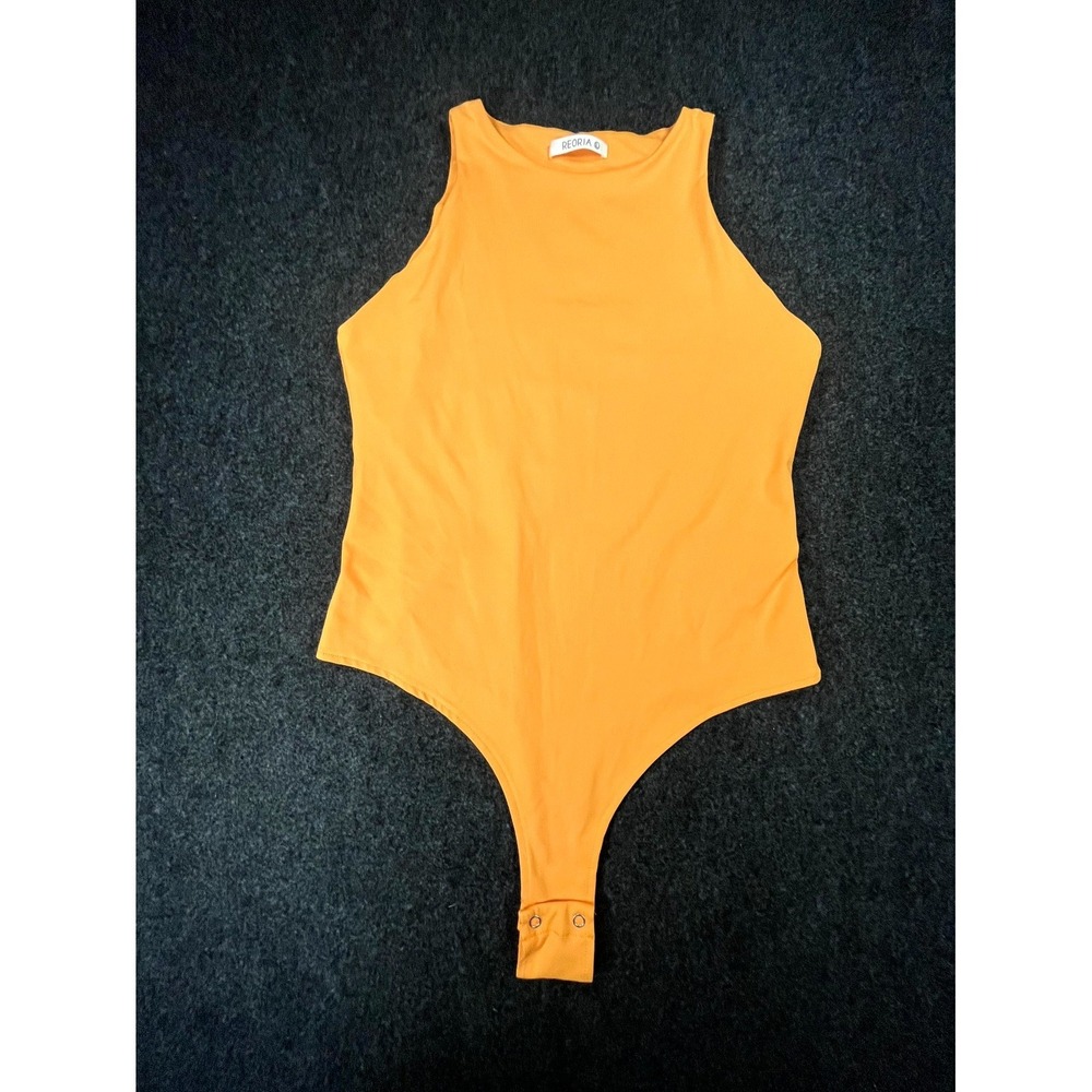 Reoria Bodysuit Womens Large Orange Stretch Round Neck‎ Sleeveless Wide Straps